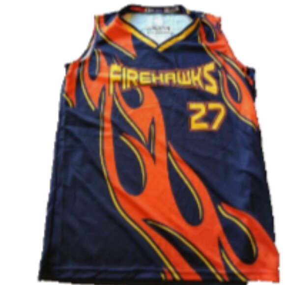 FIREHAWKS SIMS #27 BASKETBALL JERSEY FLAMES PROTOTYPE PREOWNED BLUE ORANGE - Picture 9 of 9